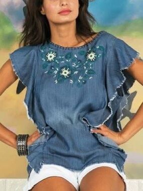 Angel + Premium Light Wash Denim Embroidered Top - 100% Cotton Sz Med